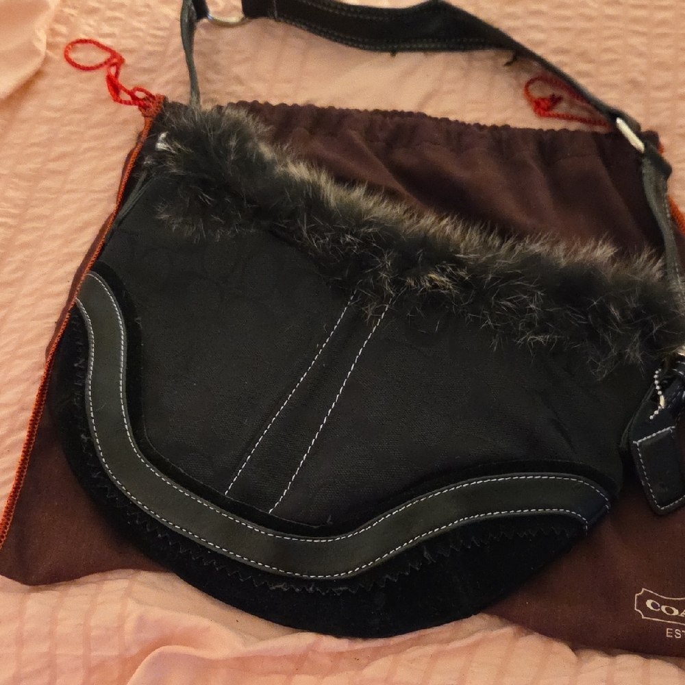 Coach Black Shoulder Bag with Fur Trim